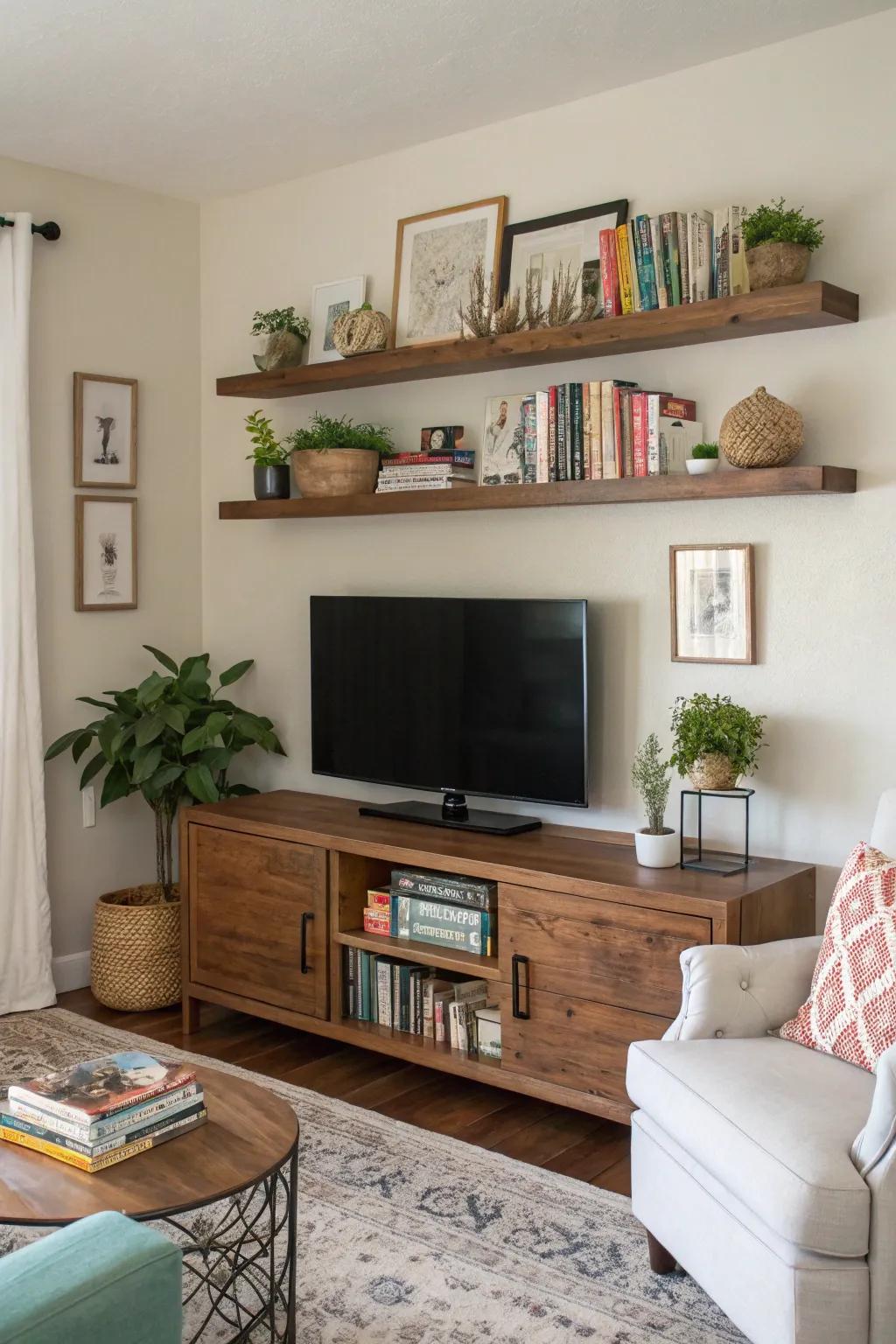 Floating shelves above the TV for a balanced look.