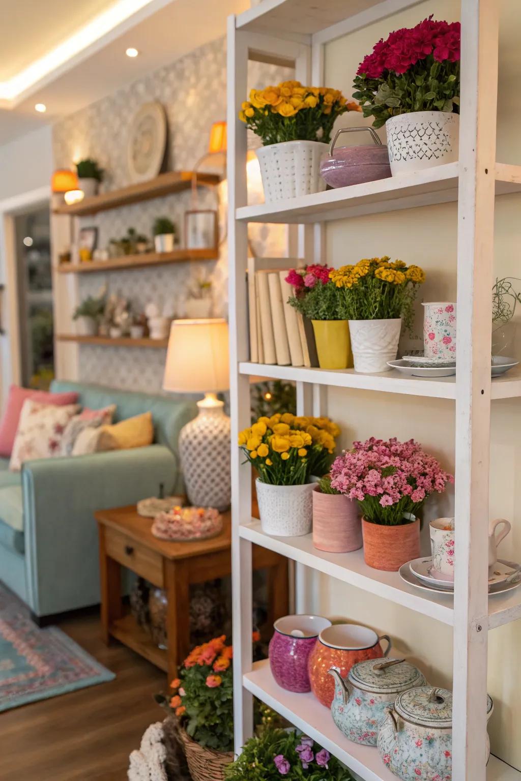 Small flower vignettes bring life to open shelves.