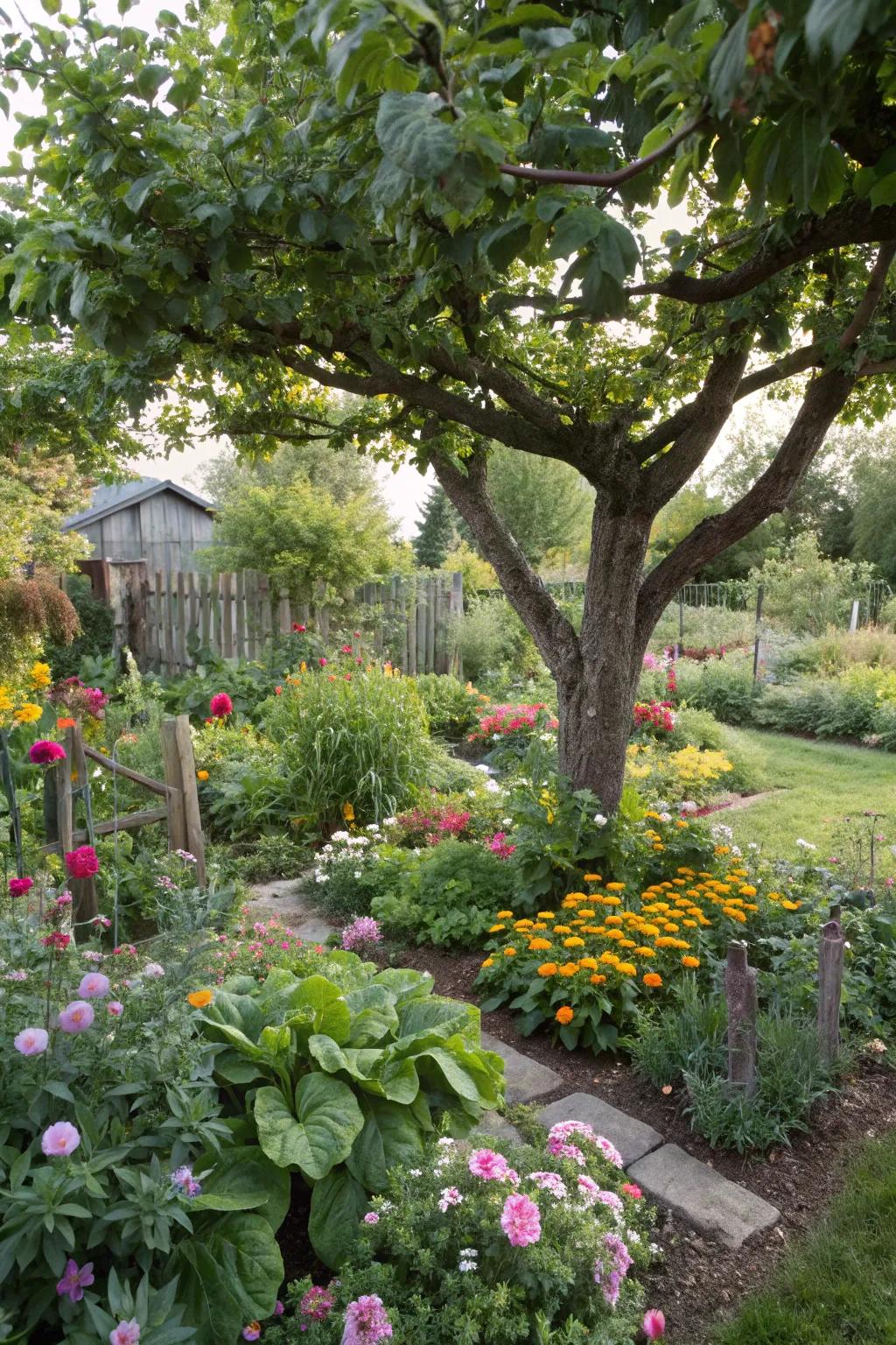 A delightful mix of flowers and edibles surrounds this tree, offering beauty and utility.