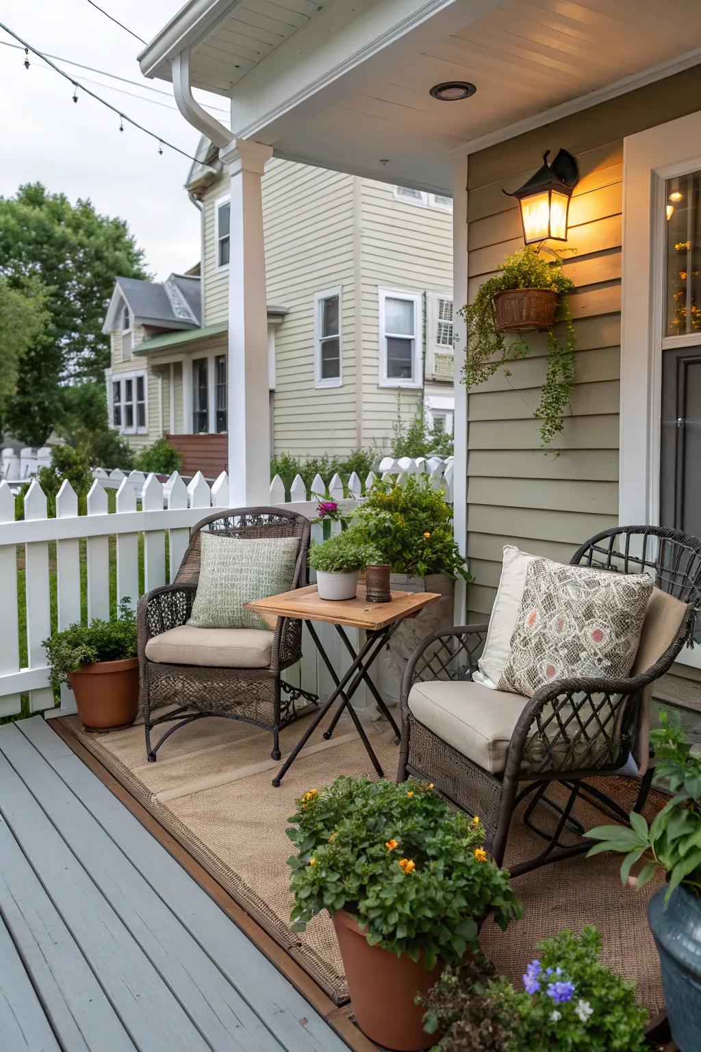 A cozy corner seating area on a front porch with a small bistro set.