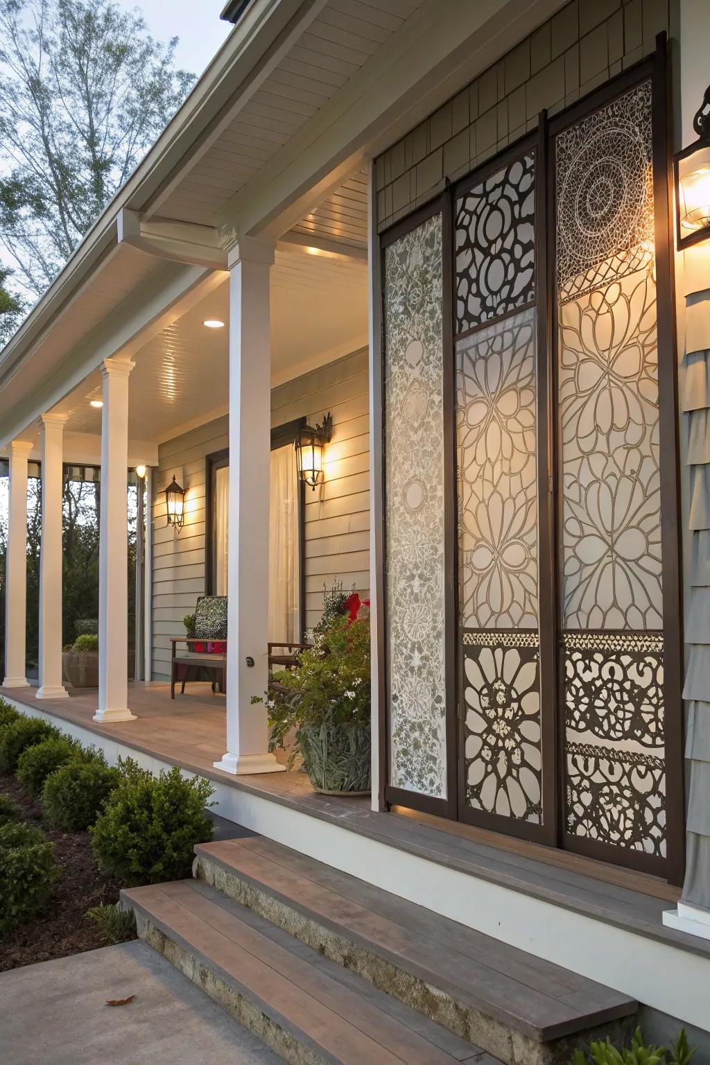 Artistic patterned screens for a stylish and private porch.