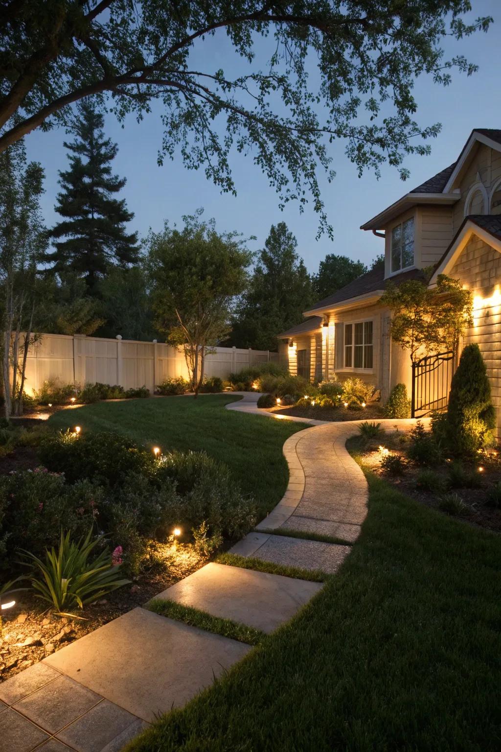 Landscape lighting creates a warm, inviting atmosphere at night.