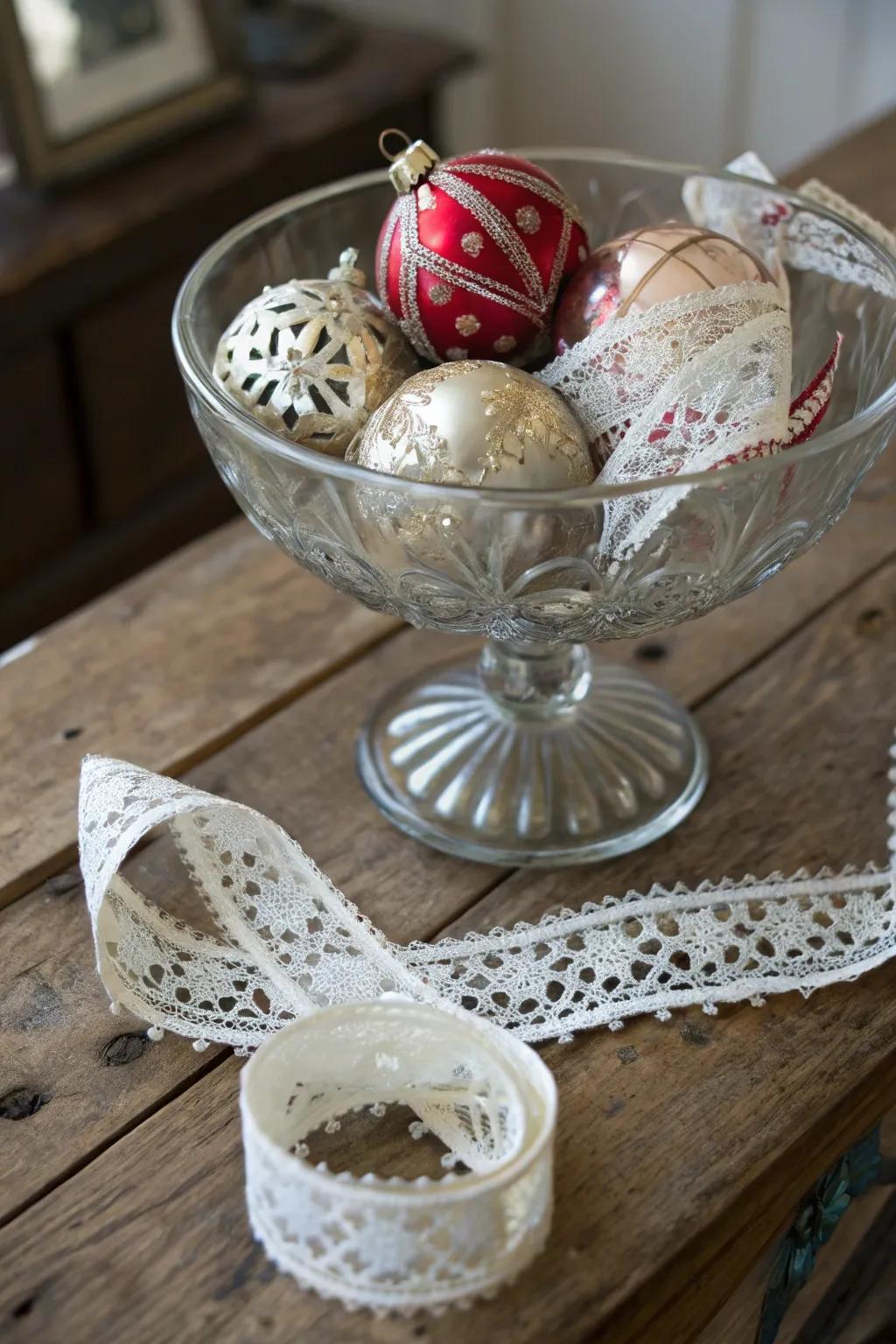 A time-honored atmosphere is conjured with nostalgic orbs positioned inside a clear bowl.
