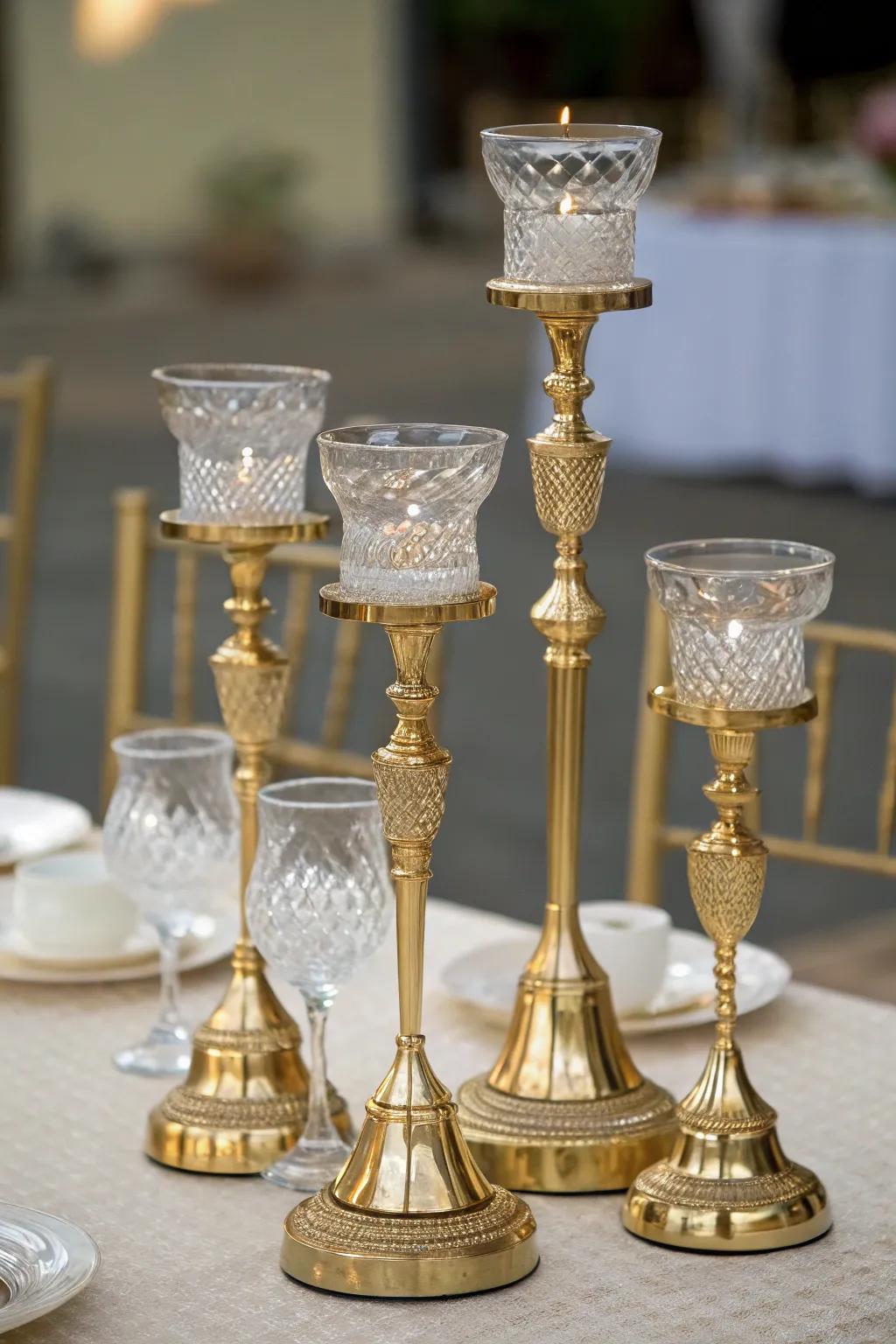 Layered sophistication showcasing gilded and glass light holders.