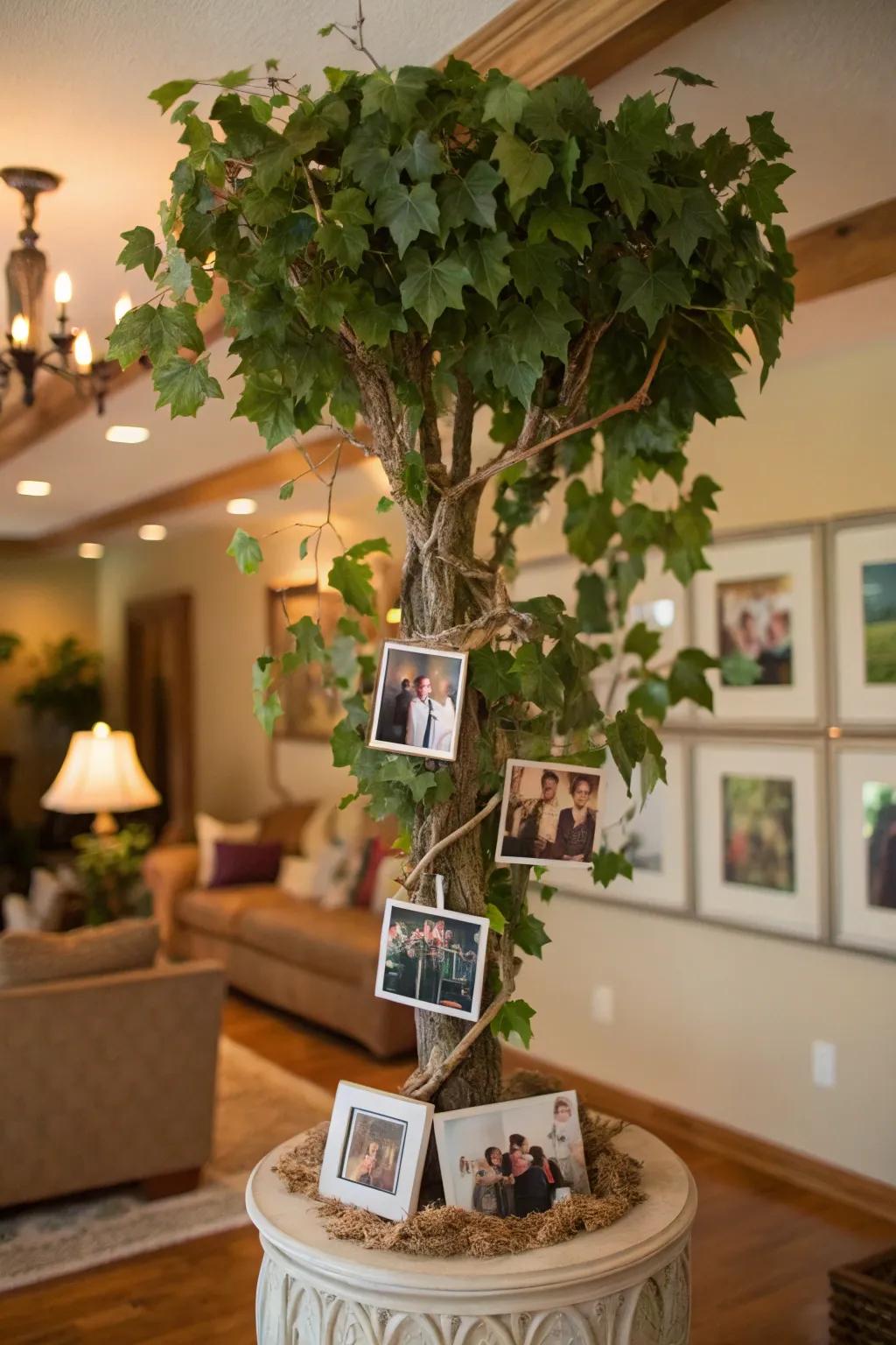 A grapevine tree embellished with domestic photographs, thereby establishing a personalized remembrance tree.