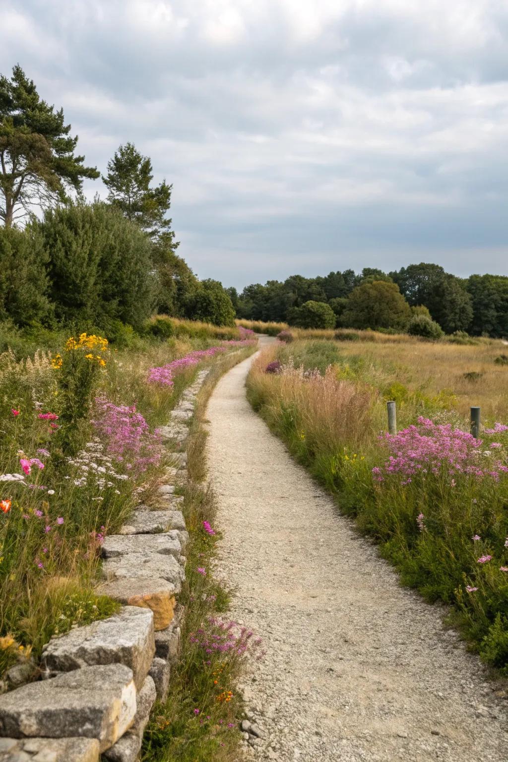 Rustic elements add charm to a gravel pathway.