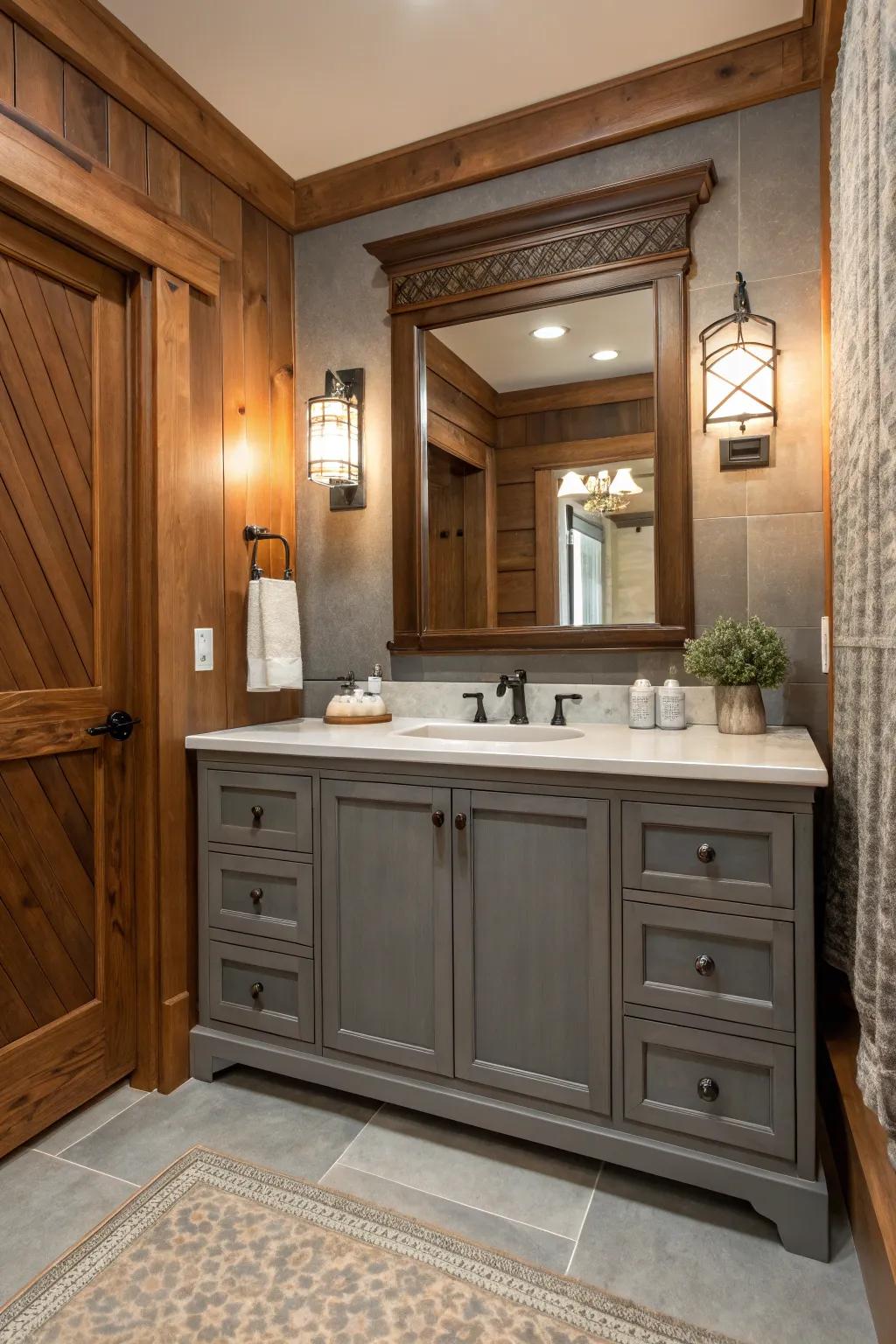 A cozy bathroom featuring a gray vanity with wooden accents.