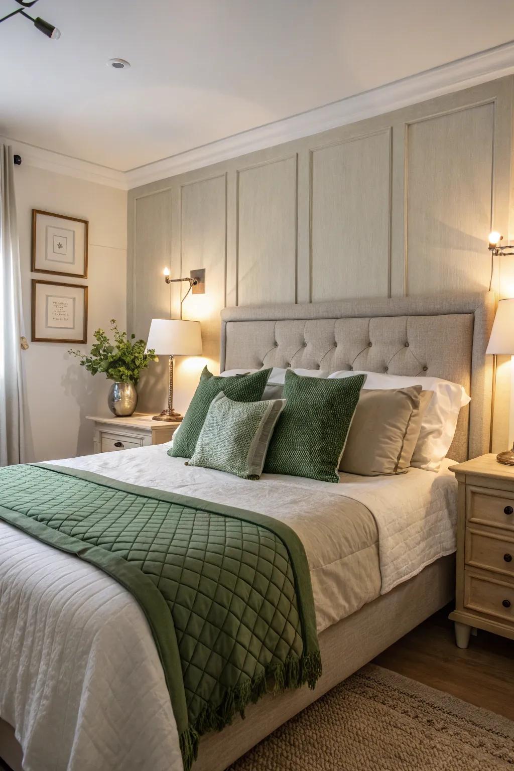 Green throw pillows add a subtle yet impactful pop of color to this bedroom.