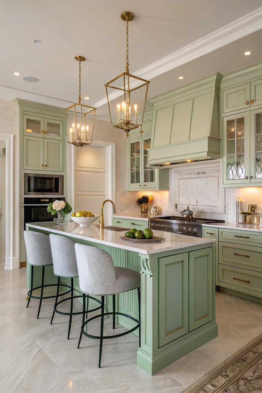 Sophisticated kitchen with subtle pistachio green accents.