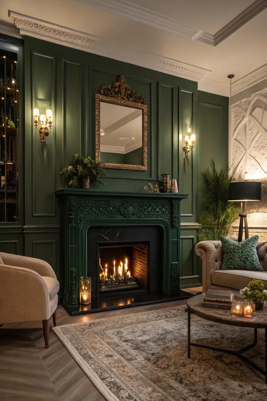 A moody living room with a dramatic dark green fireplace.