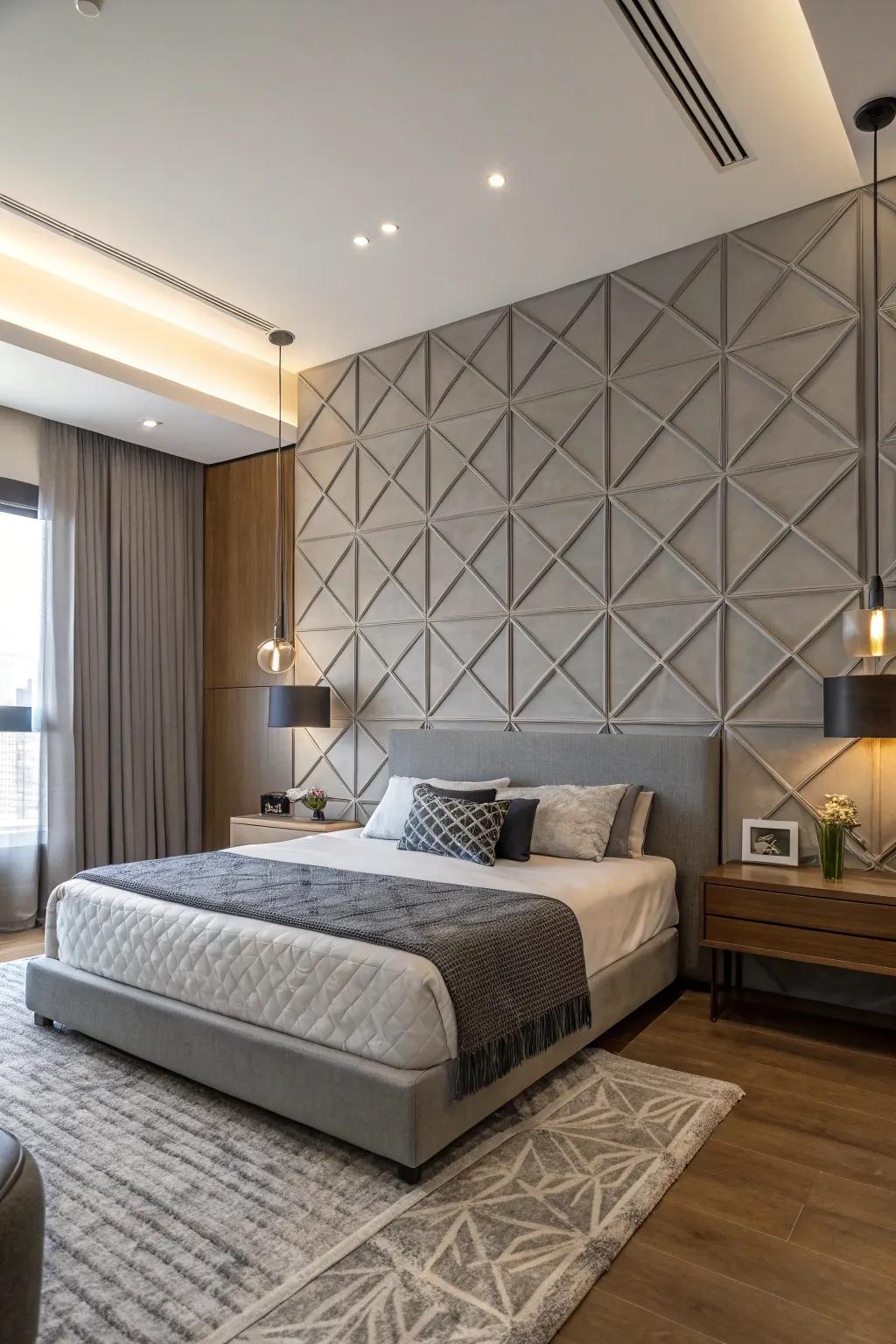 Geometric patterns add a modern twist to the grey accent wall.