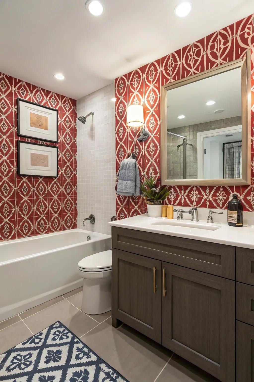 Wallpaper gives this bathroom a personalized touch.