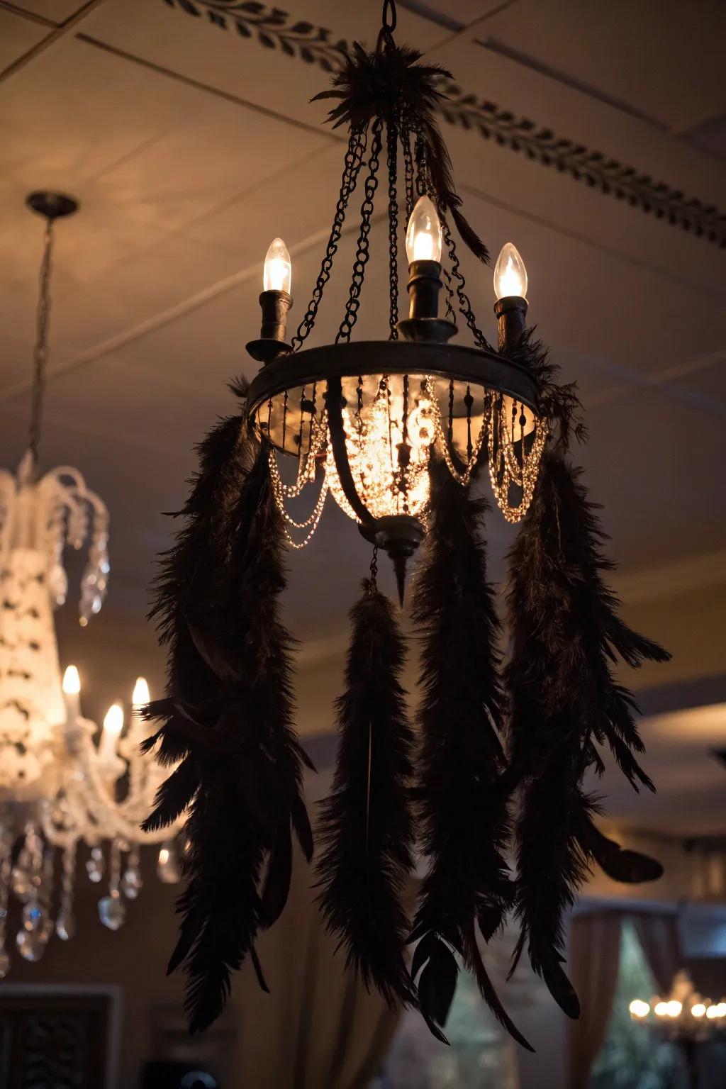 Plumes impart a mystical element to a Halloween chandelier.