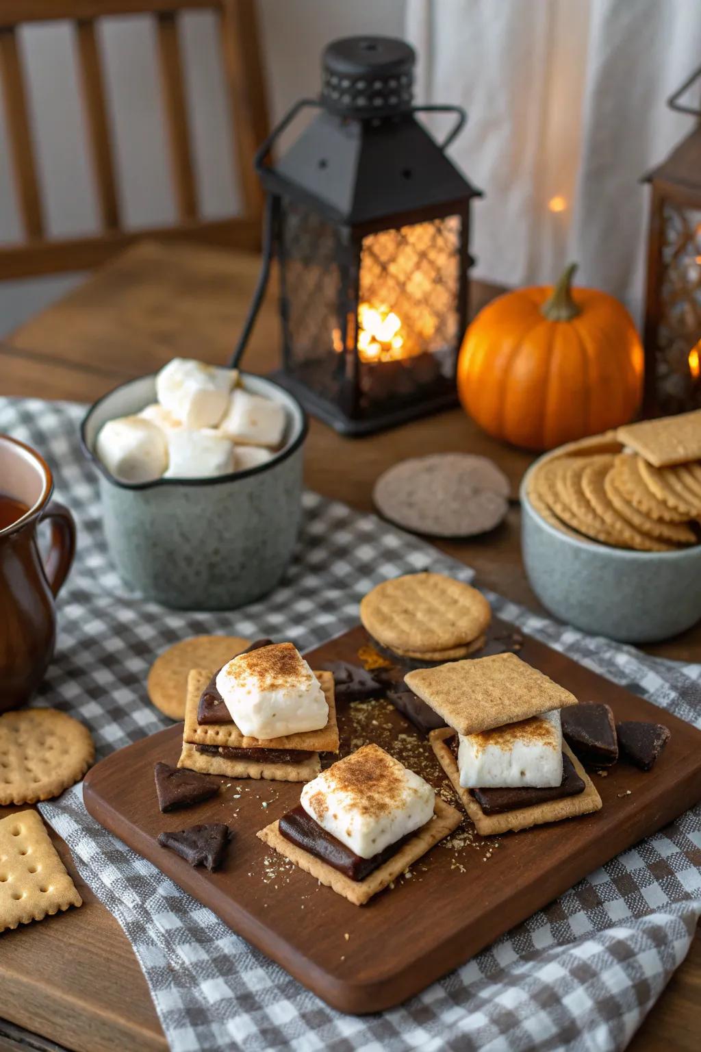 A pumpkin spice s'mores station adds seasonal delight.