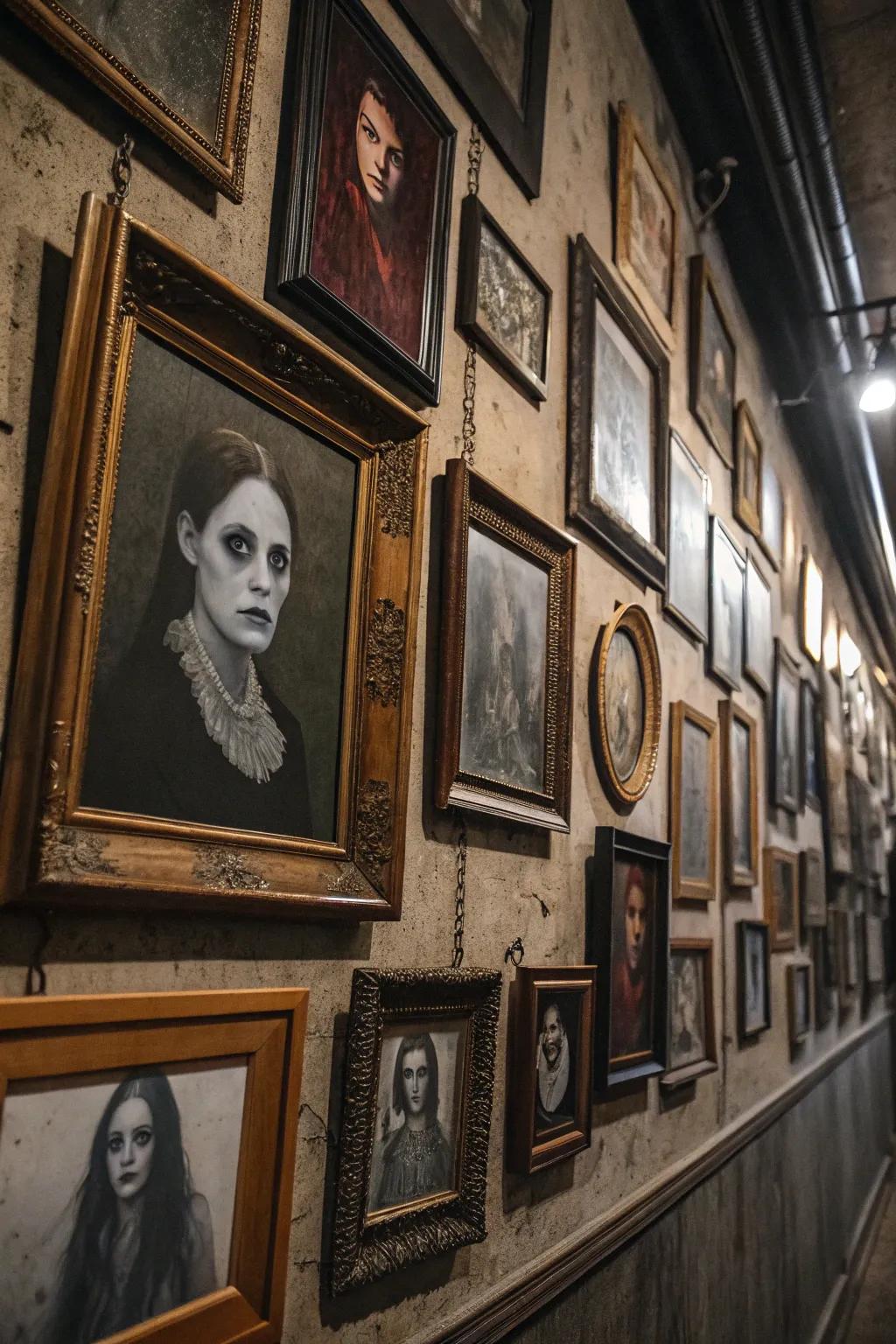 Create a haunted gallery wall with spooky portraits.