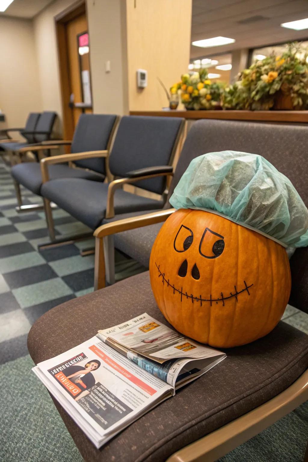 A humorous hospital-themed pumpkin that adds a touch of laughter to your decor.