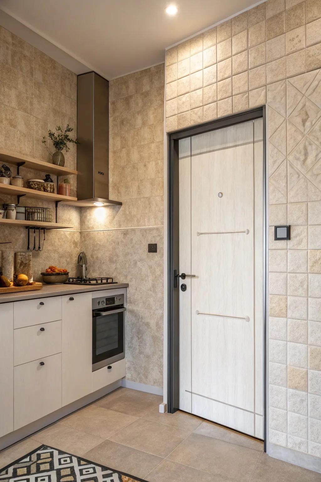 An invisible door in the kitchen, seamlessly blending with the walls.