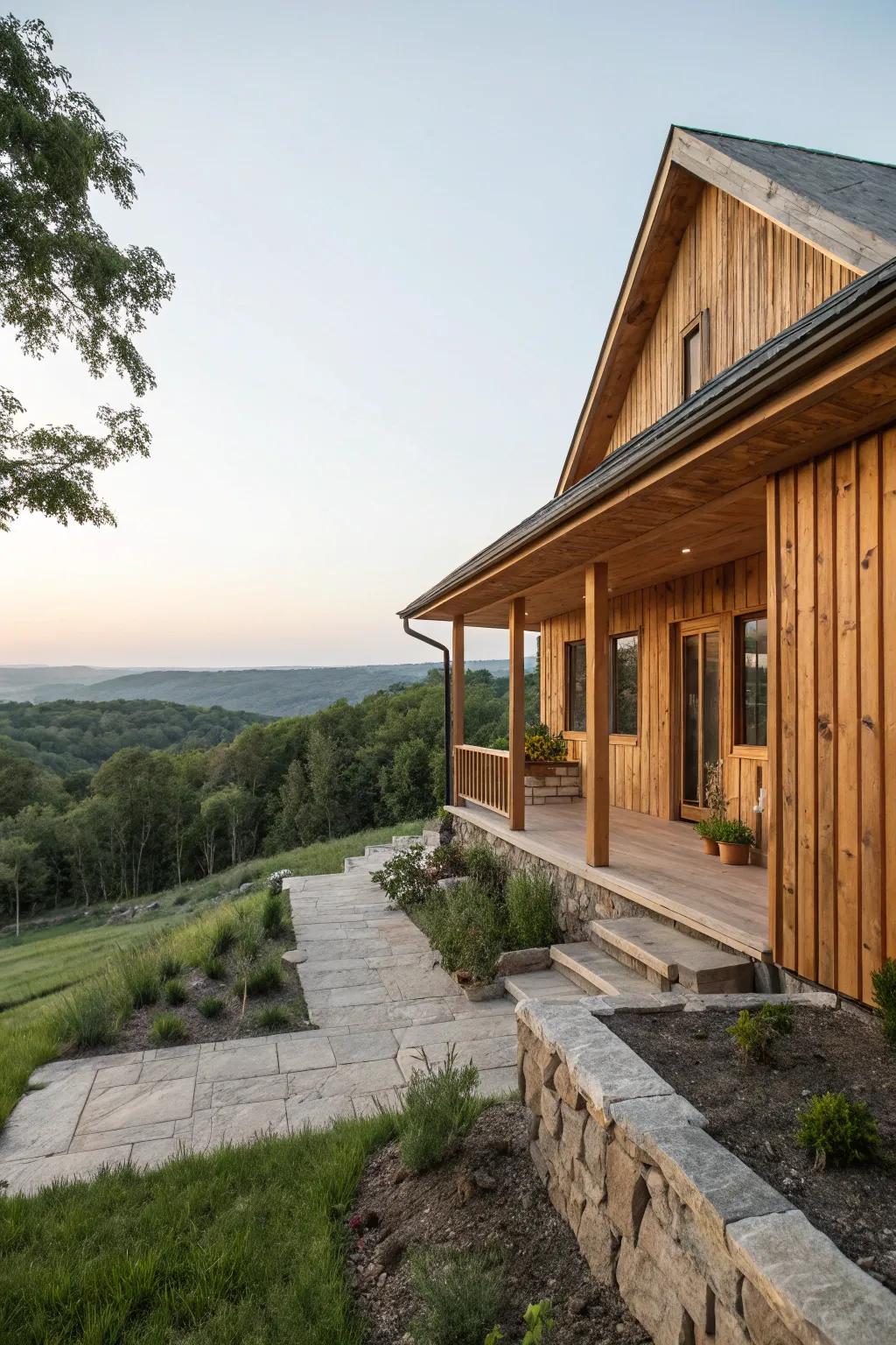 Wood cladding adds warmth and rustic charm.