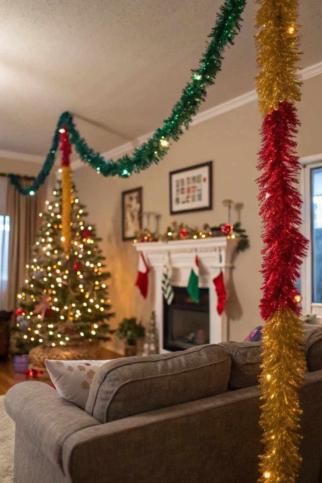 A lounge area adorned with vibrant glittery chain decorations.