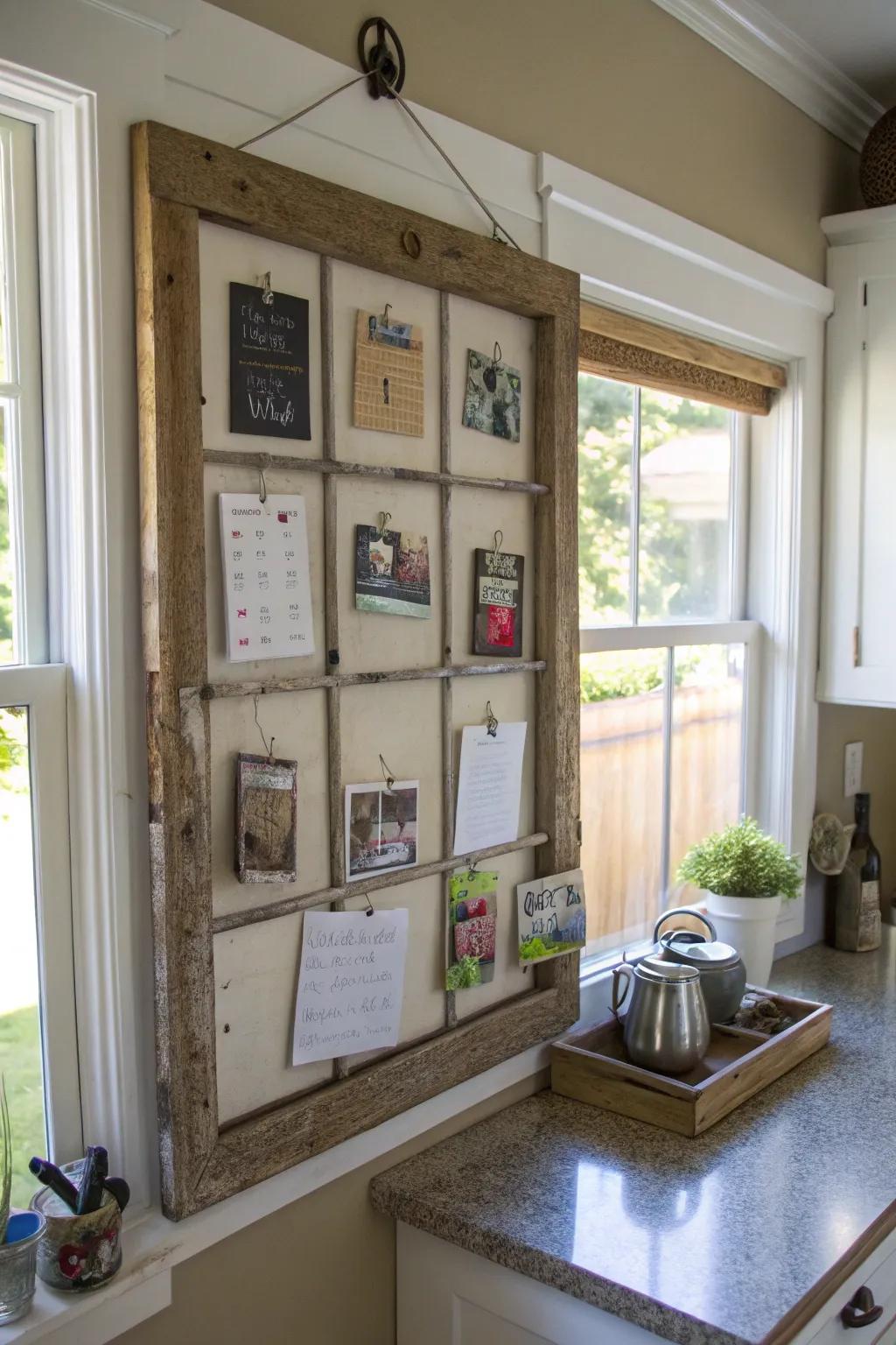 Add character with a vintage window frame bulletin board.