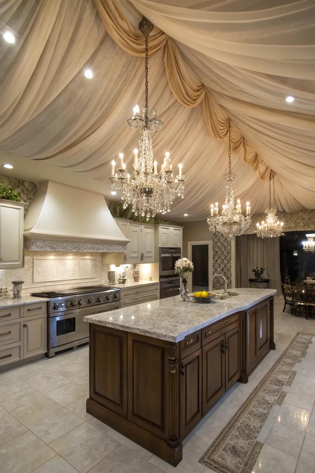 Introduce luxury with a textile-draped ceiling.