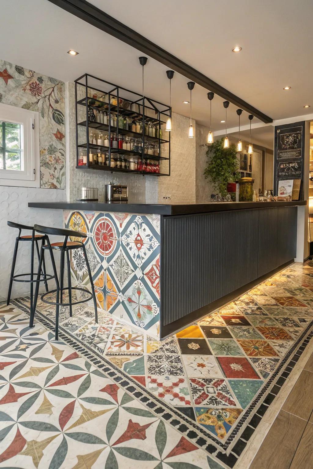 Patterned tiles add an eclectic touch to this bar.