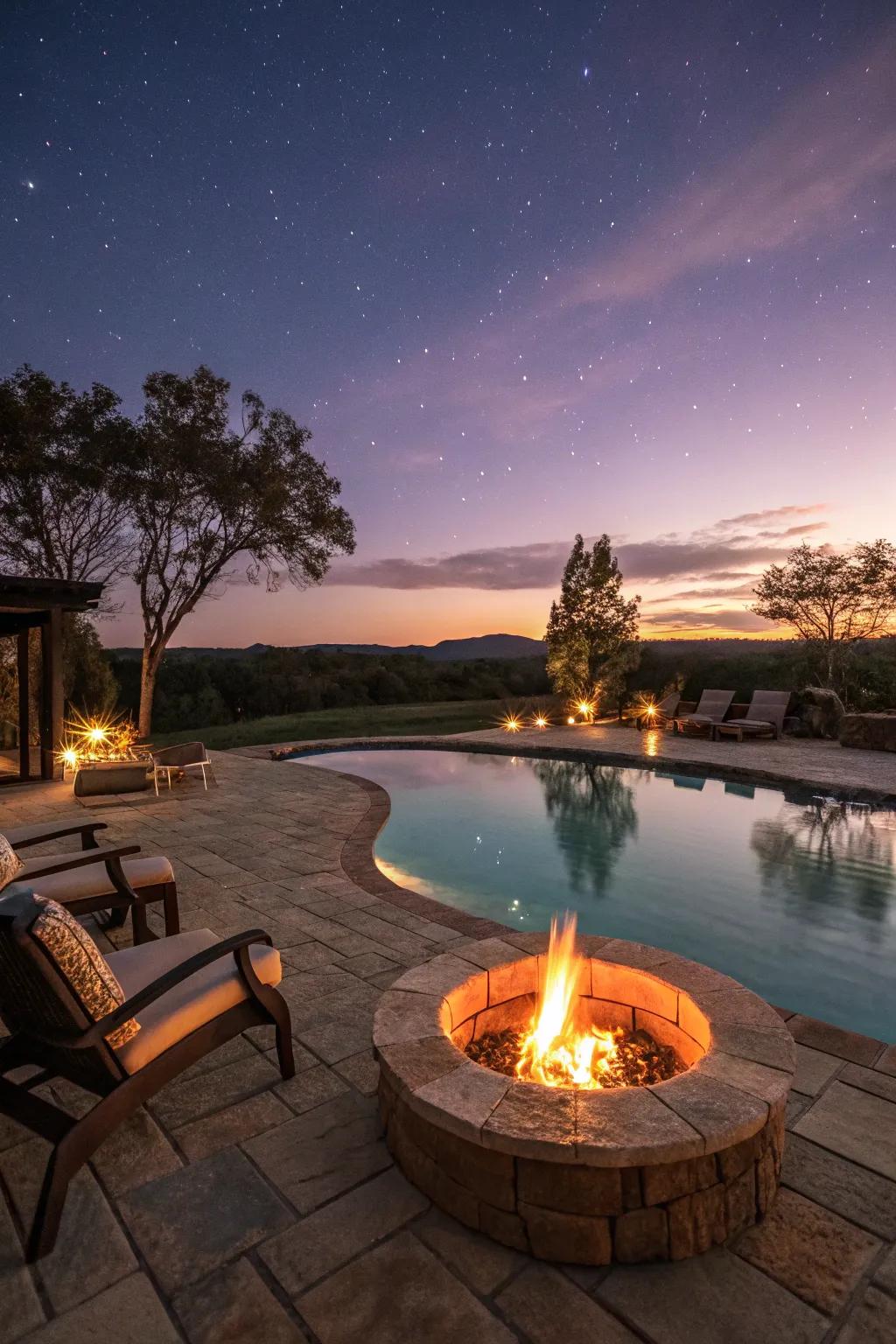 Fire pits add warmth and ambiance to lagoon pool areas.