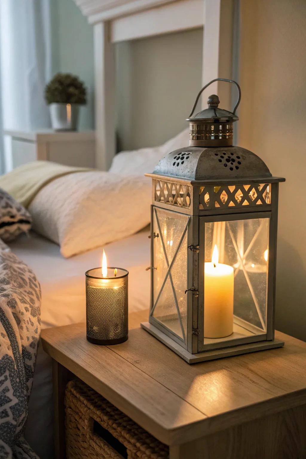 A scented candle lantern creating a soothing atmosphere.