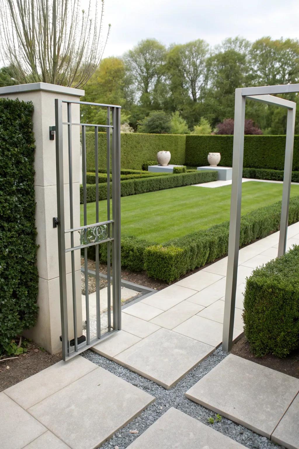 A minimalist steel framework entrance for a pristine, elegant aesthetic.