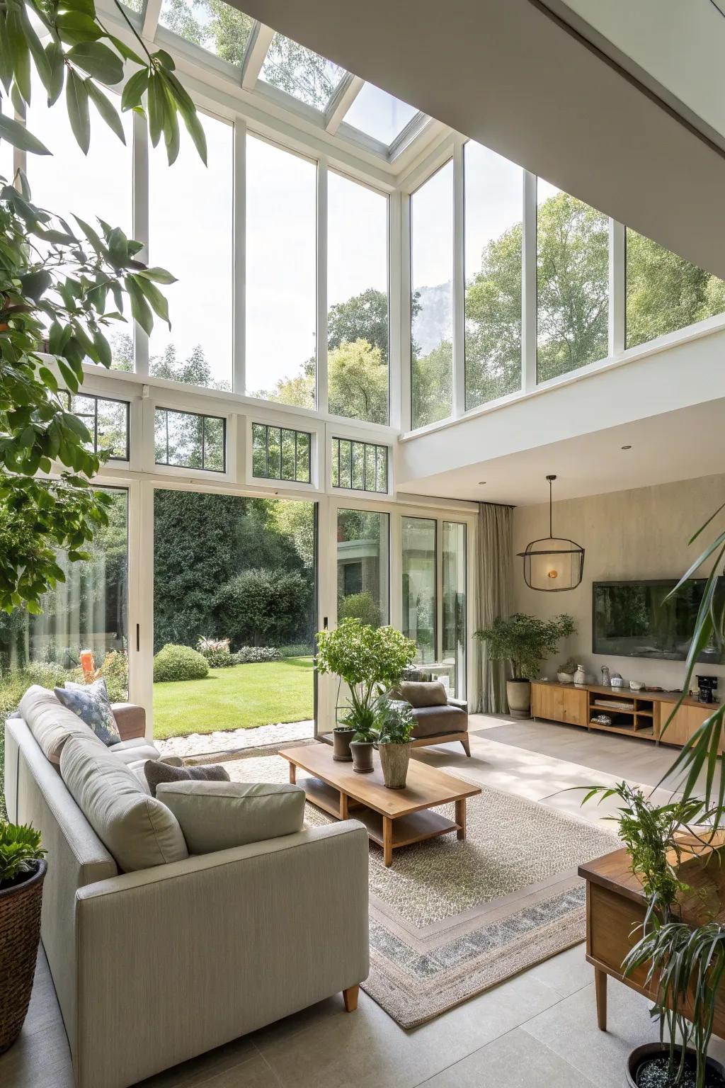 Large windows used effectively as room dividers in an open-plan space.