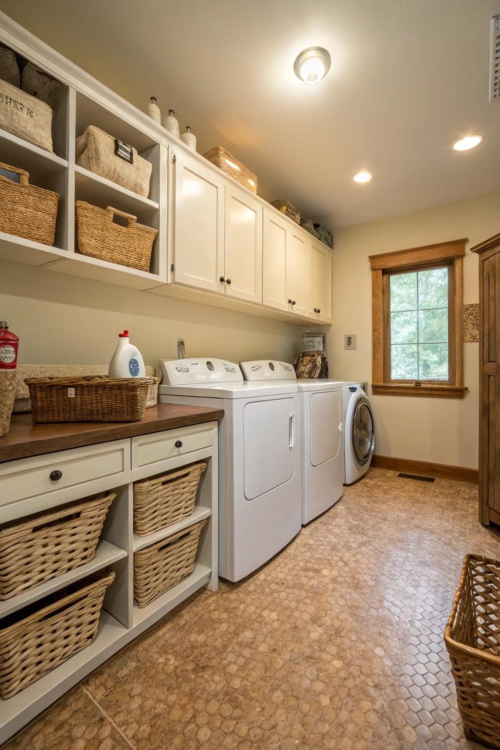 Cork flooring provides warmth and comfort in the laundry room.