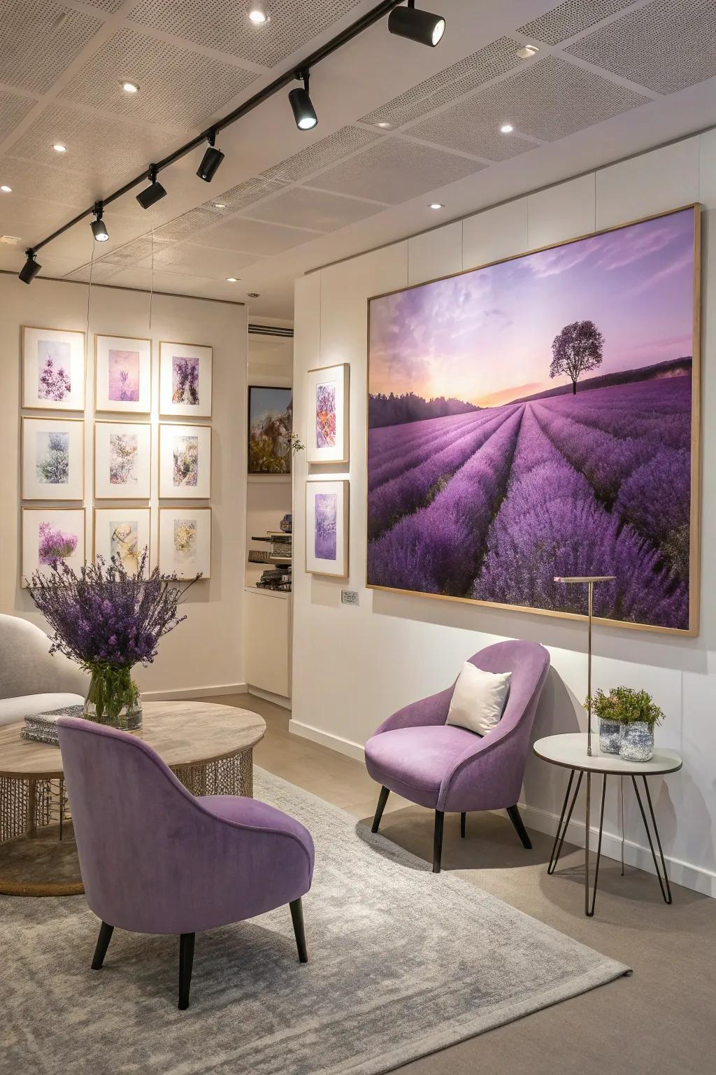 A modern room elevated by artwork featuring lavender and purple palettes.