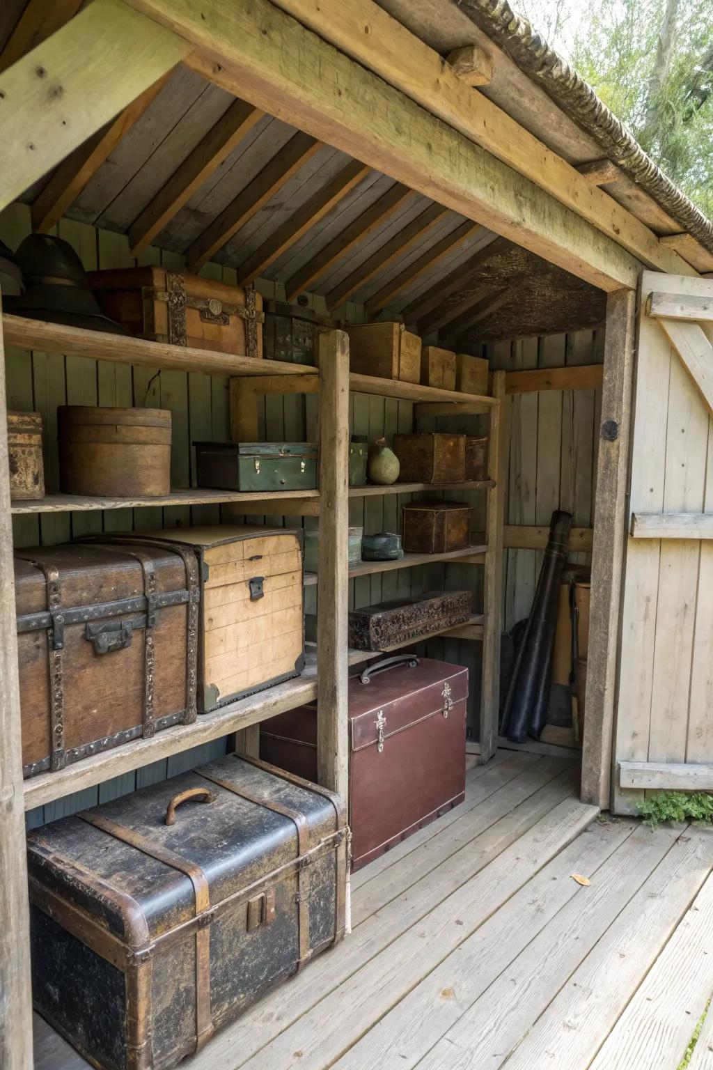 A vintage-inspired holding strategy inside a detached outbuilding.