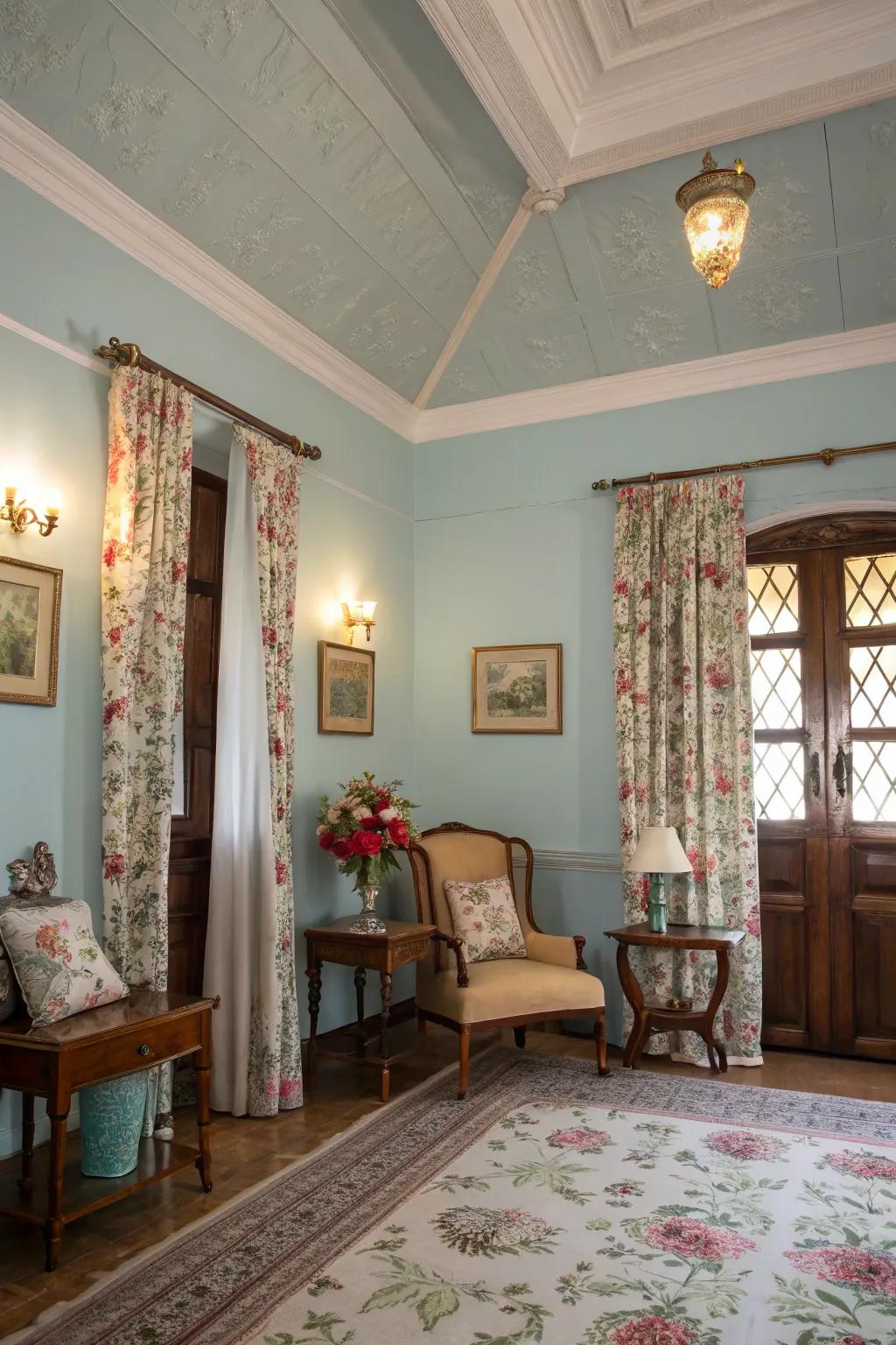 A vintage-inspired room with a charming sky-blue ceiling.