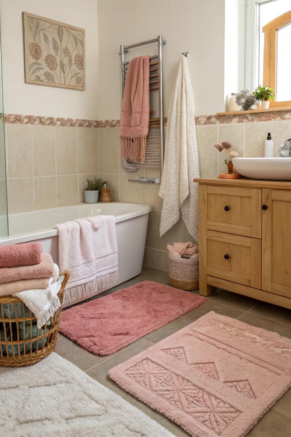 Materials add warmth and coziness to a light-toned bathroom.