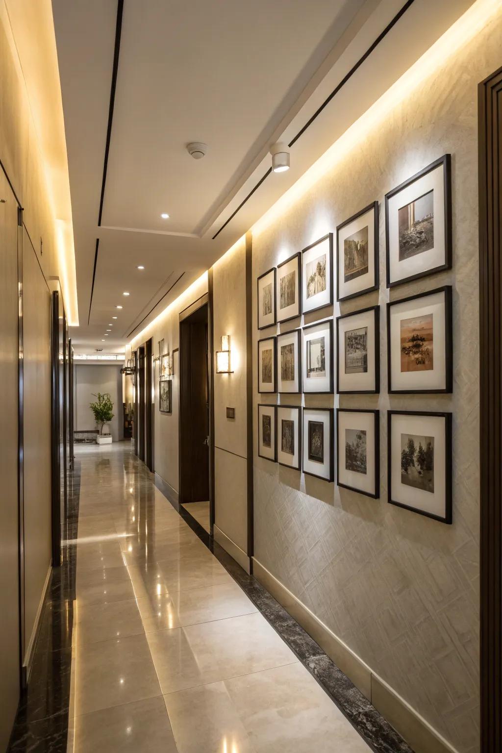 Display lights emphasize artwork displays, changing them into striking feature walls.