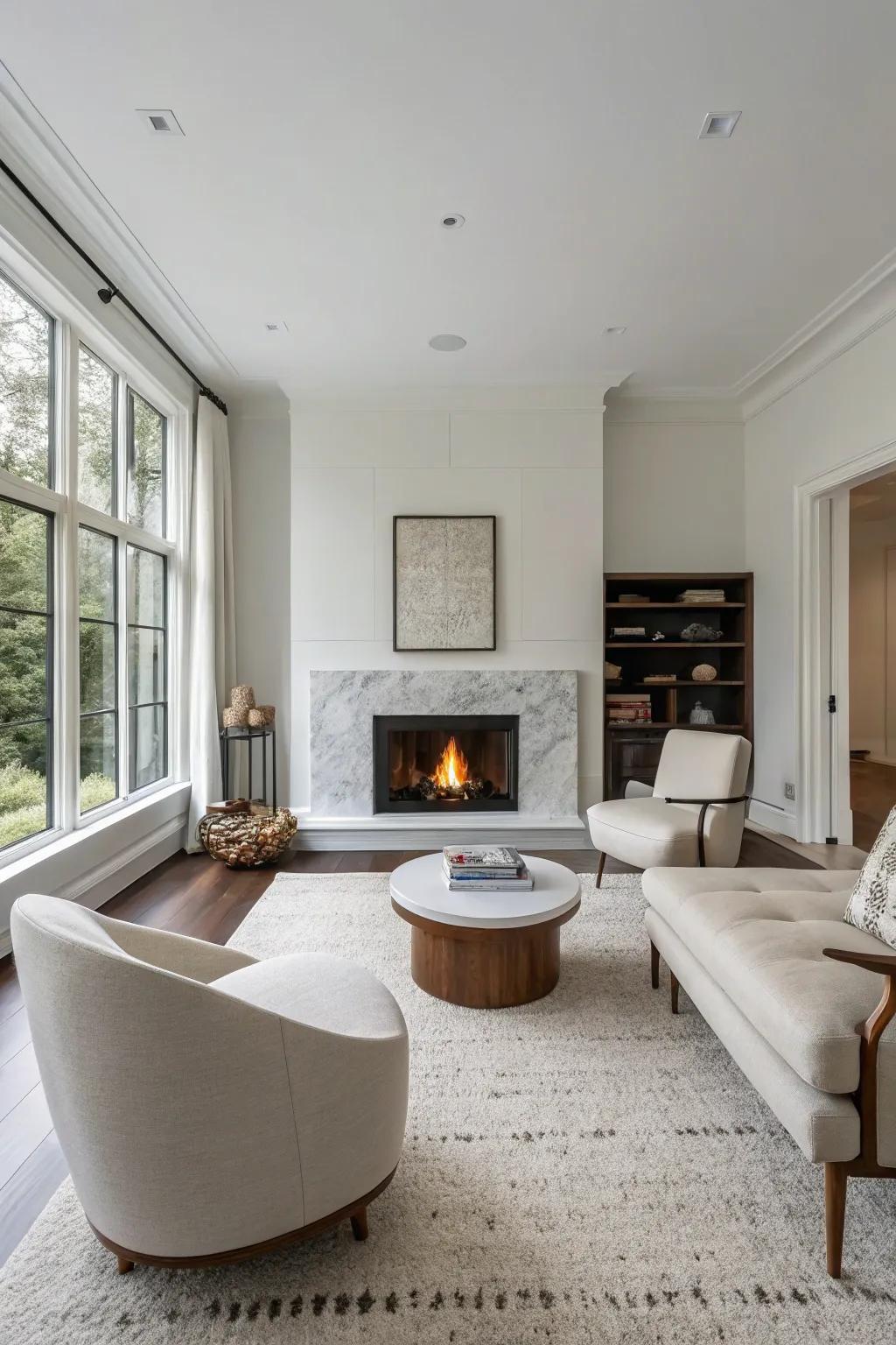 A minimalist living room with a sleek fireplace as the centerpiece.