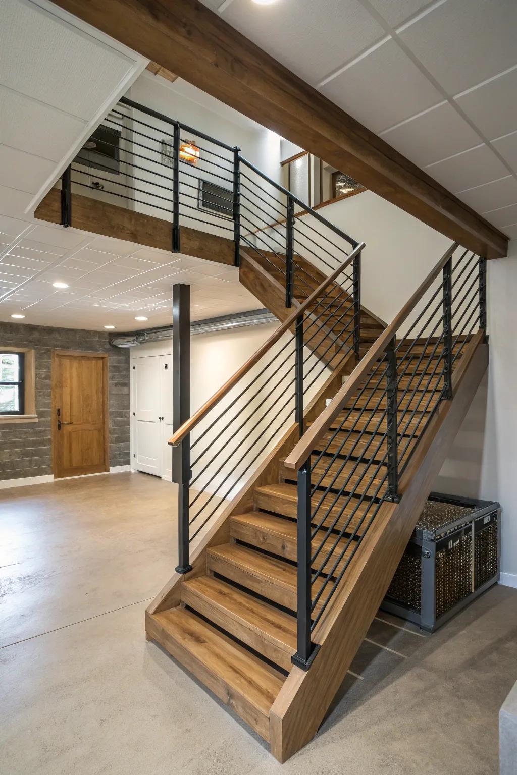 Open riser stairs enhance openness in basement spaces.