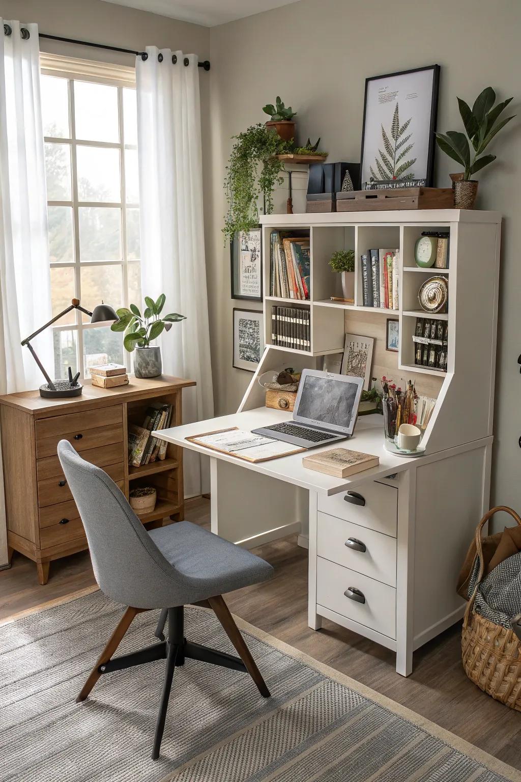 A versatile home office featuring a multi-functional desk.