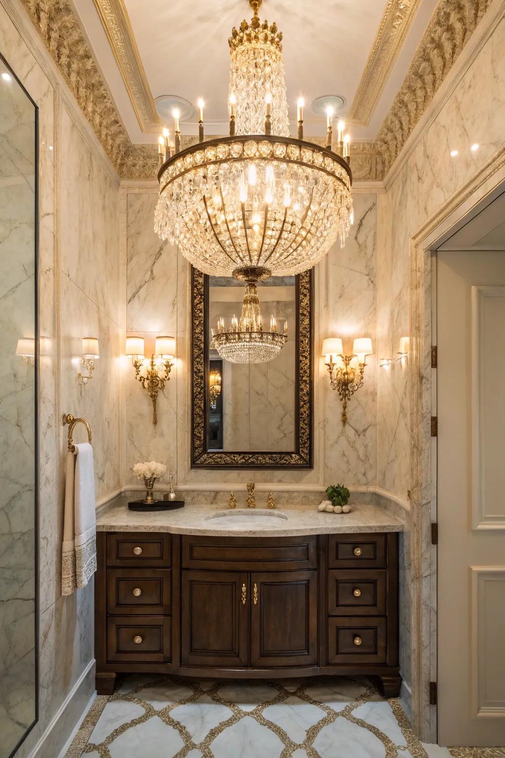 Statement lighting transforms this powder room into a captivating space.