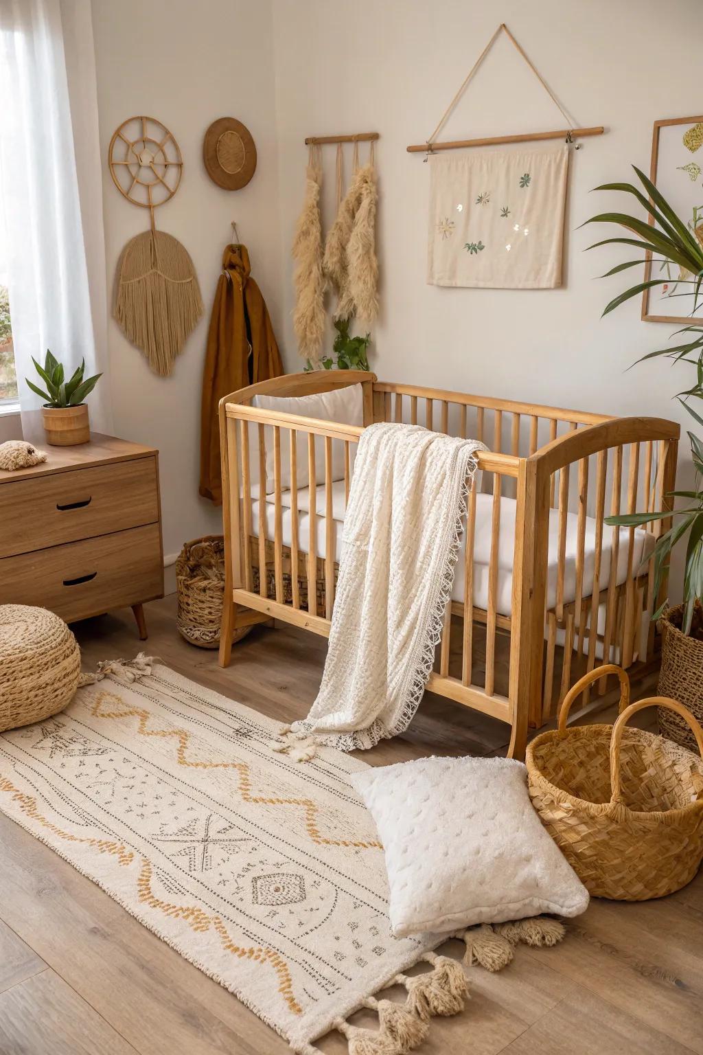 A baby room with natural things like a wood crib and cotton sheets.