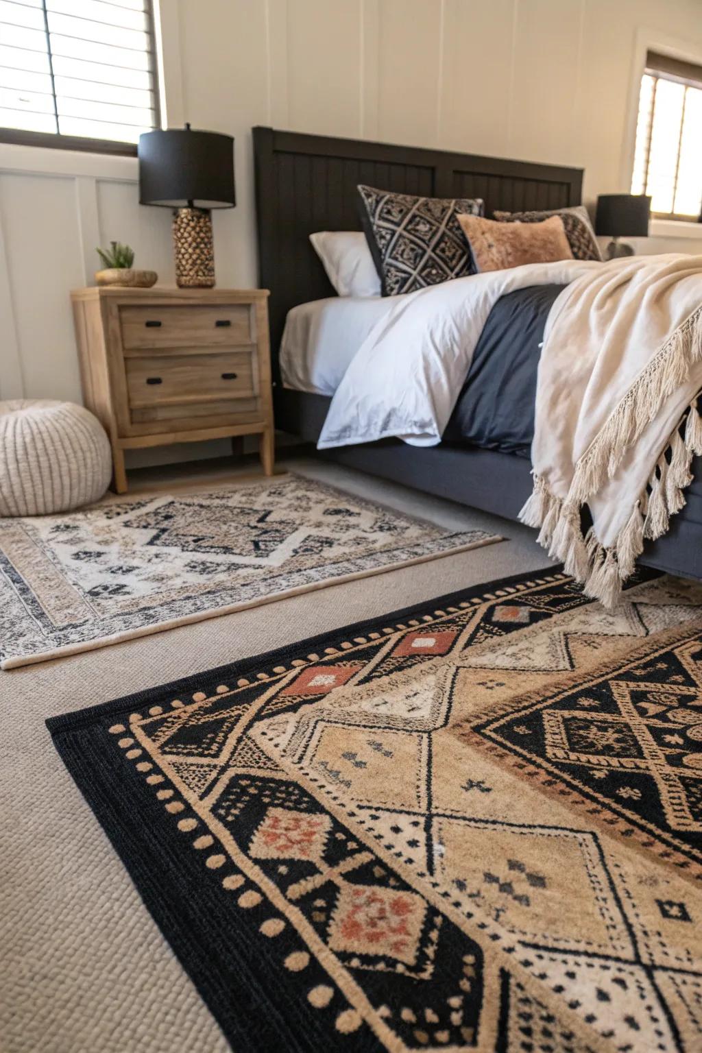 Layered rugs introduce texture and comfort to this stylish black bedroom.