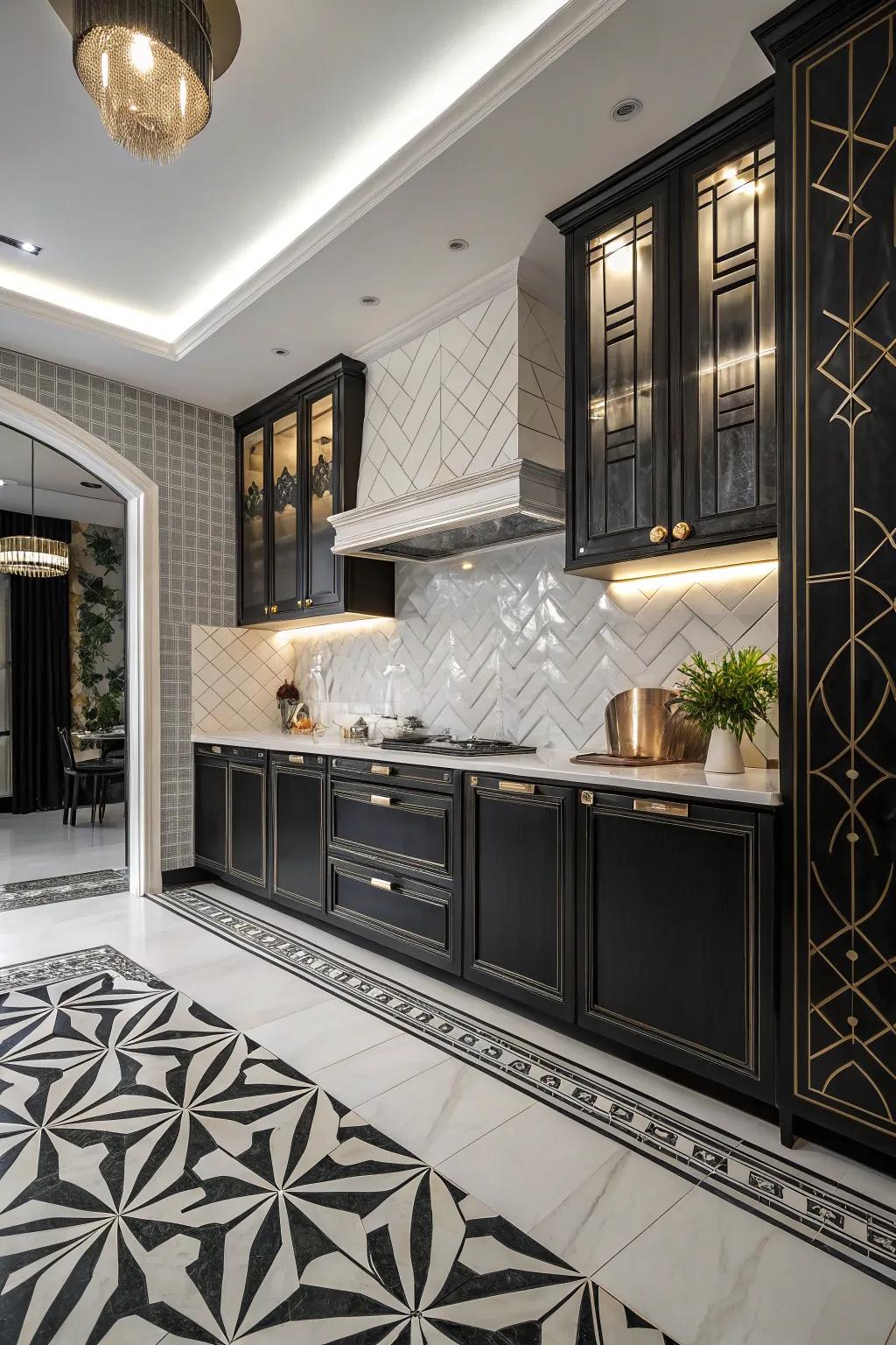 Art Deco tiles add drama and glam to this kitchen.