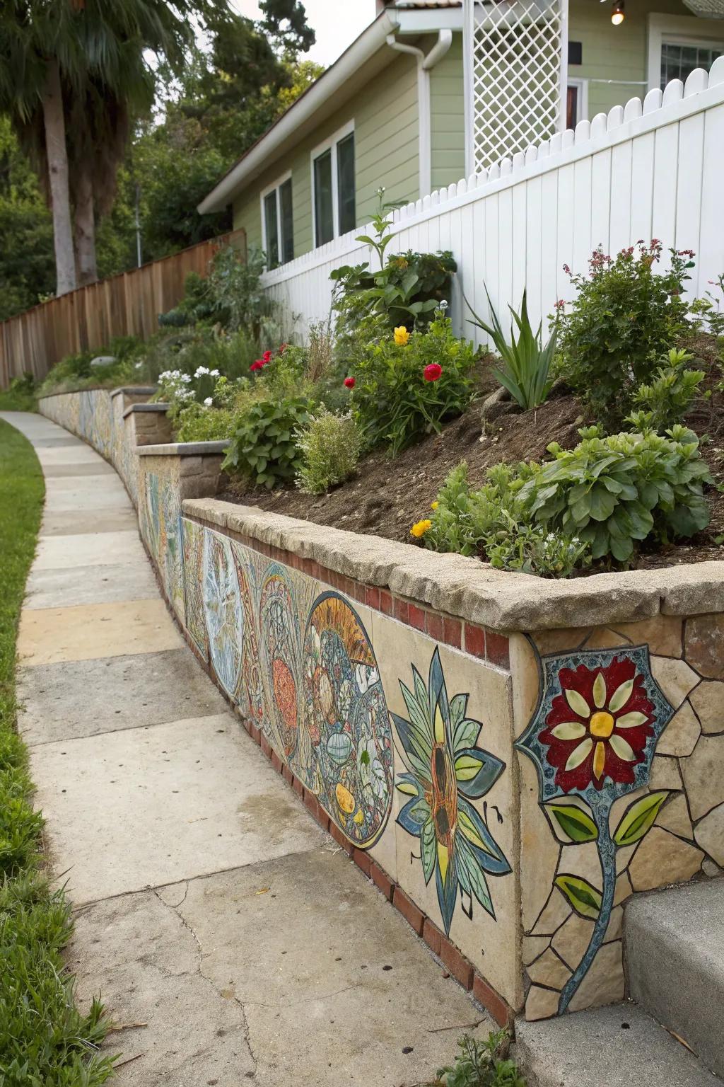 Concrete wall transformed with mosaic art.