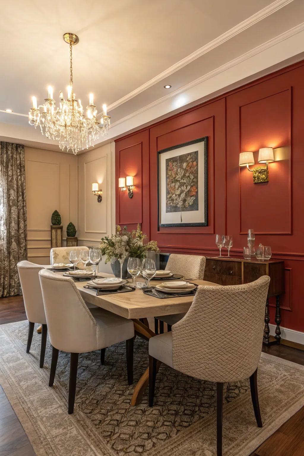 A bold accent wall adds depth and character to a modern dining room.