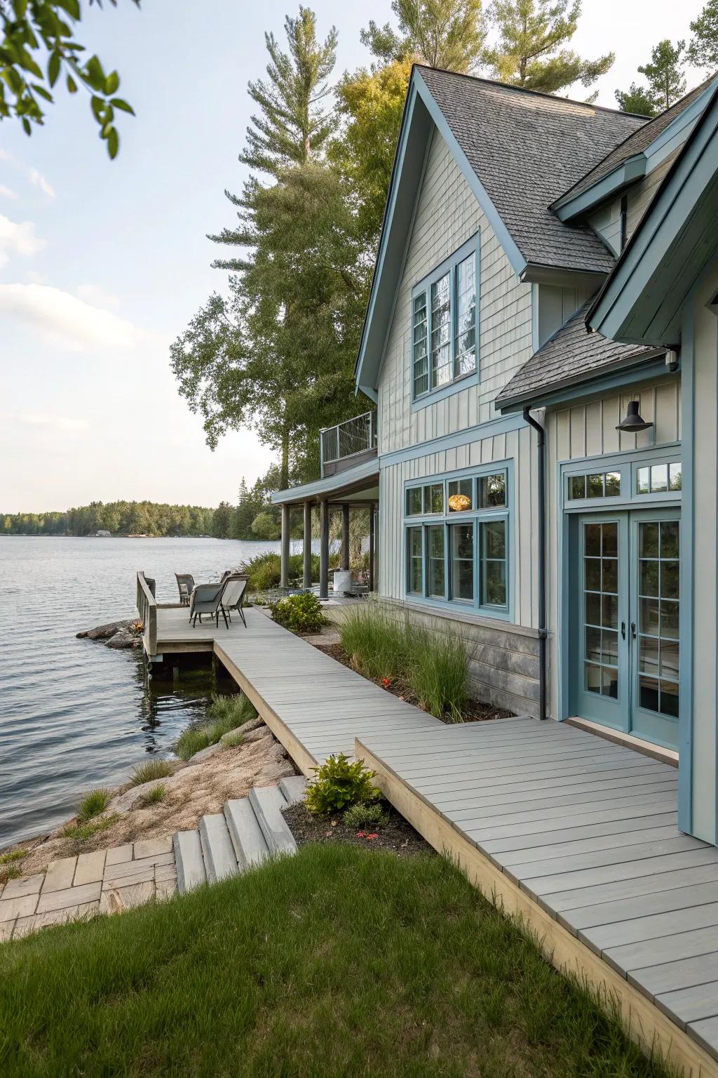 Light grey and muted blue for a peaceful lakeside retreat.