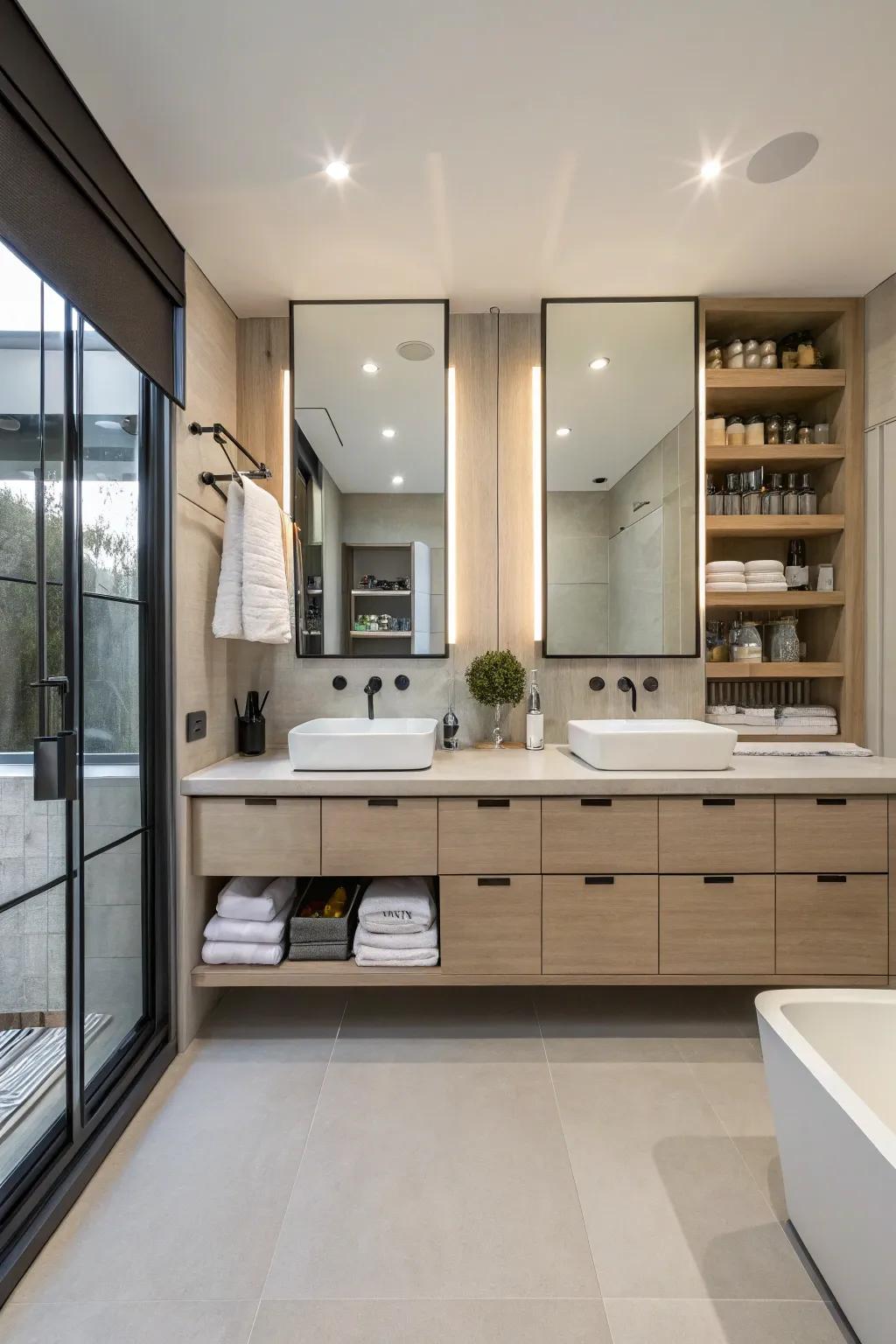 Built-in storage keeps the bathroom organized and stylish.