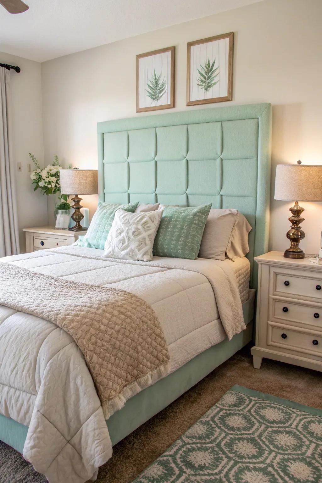 A striking springtime green headboard in a modern boudoir.