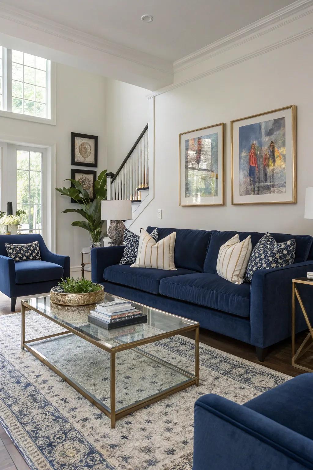 Navy upholstery adds sophistication to the space.