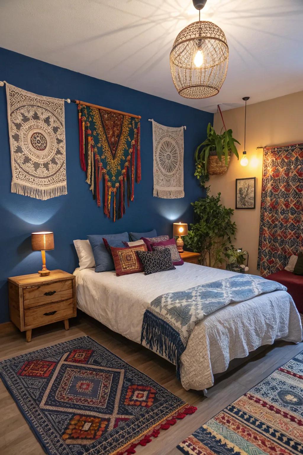 Bohemian wall hangings add a whimsical touch to the royal blue bedroom.